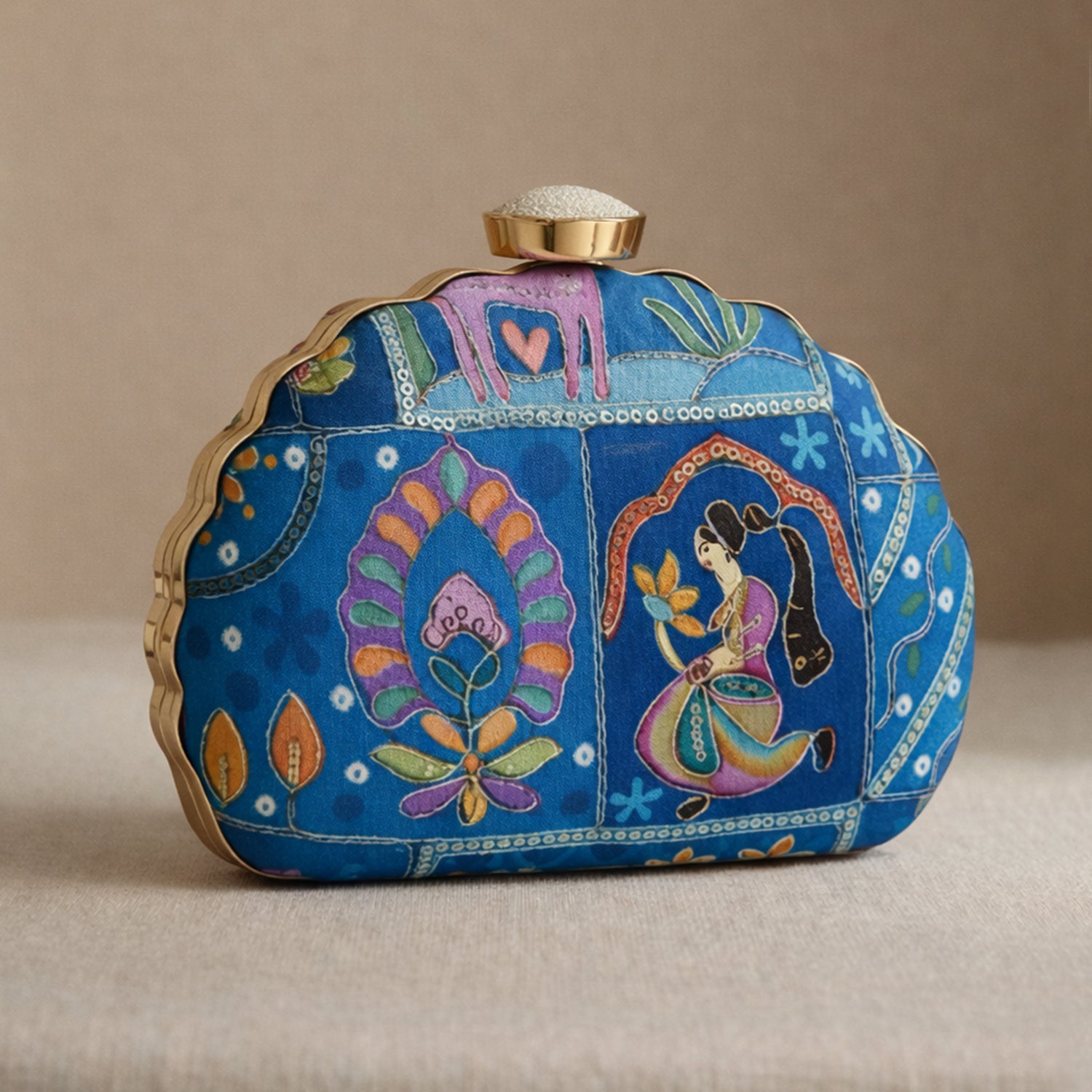 Artklim Blue Folk Art Embroidered Clutch