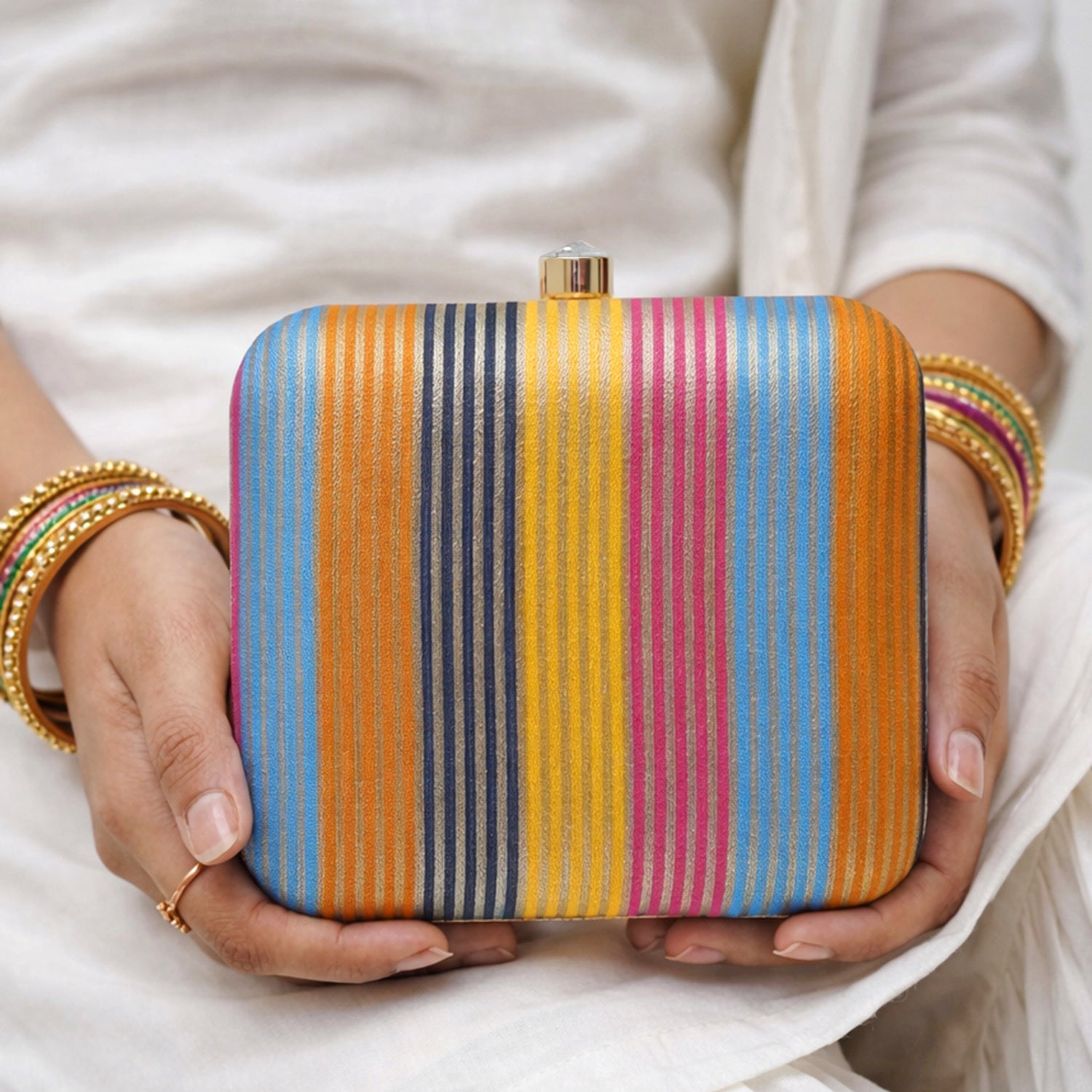Artklim Elegant Multicolor Striped  Embroidered Clutch