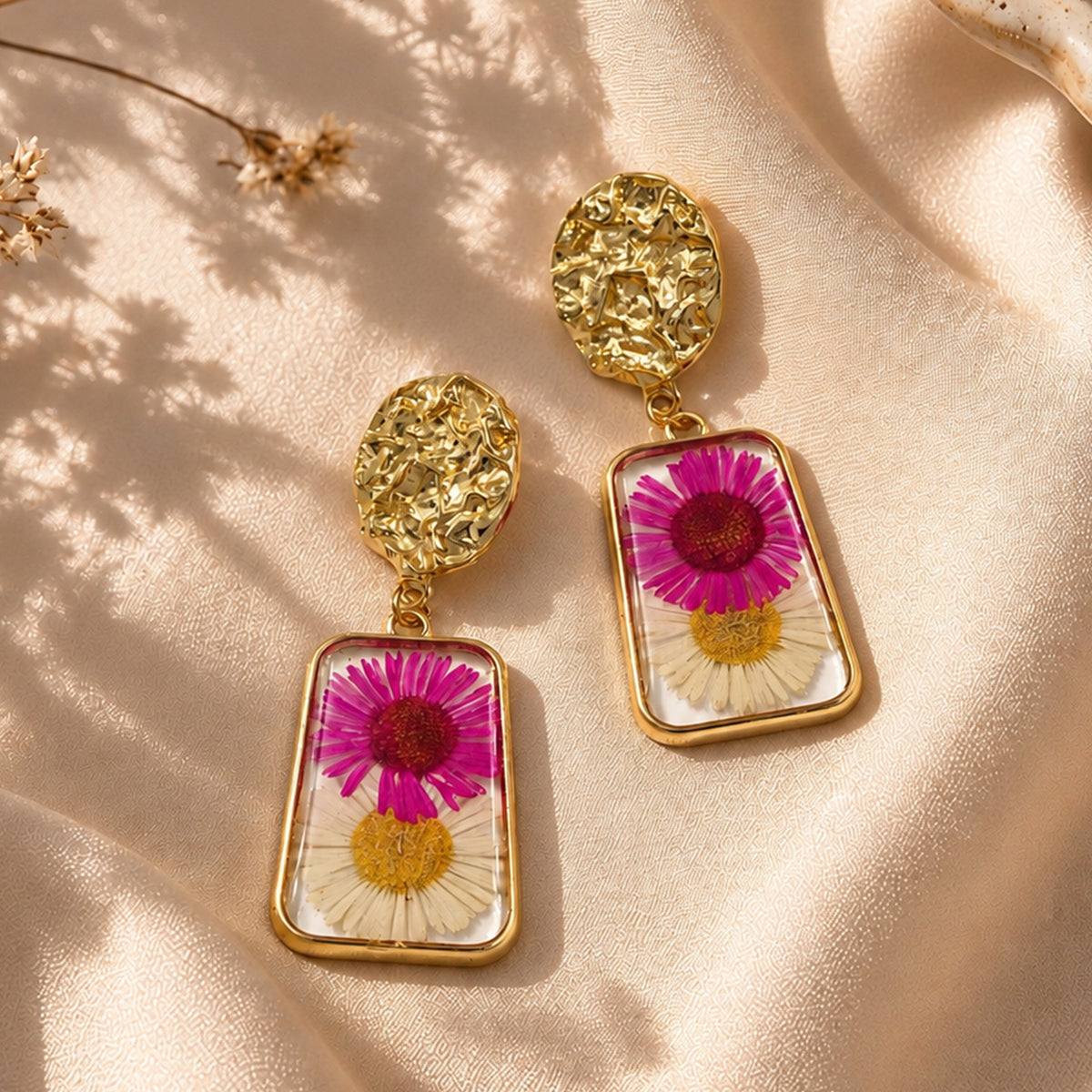 Artklim Elegant Pink & White Floral Gold-Tone Anti-Tarnish Earring