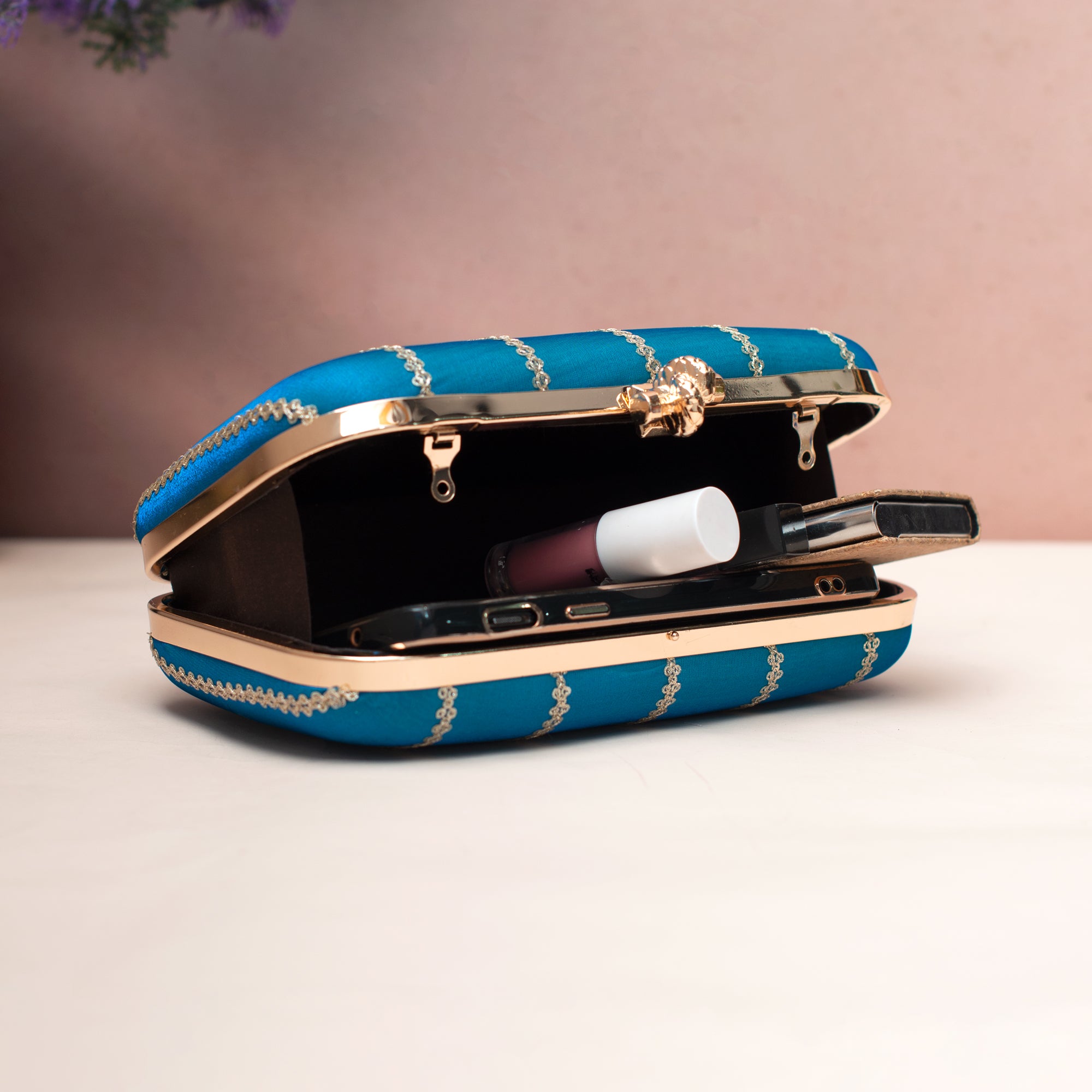 Artklim Royal Turquoise Gold-Striped Embroidered Clutch
