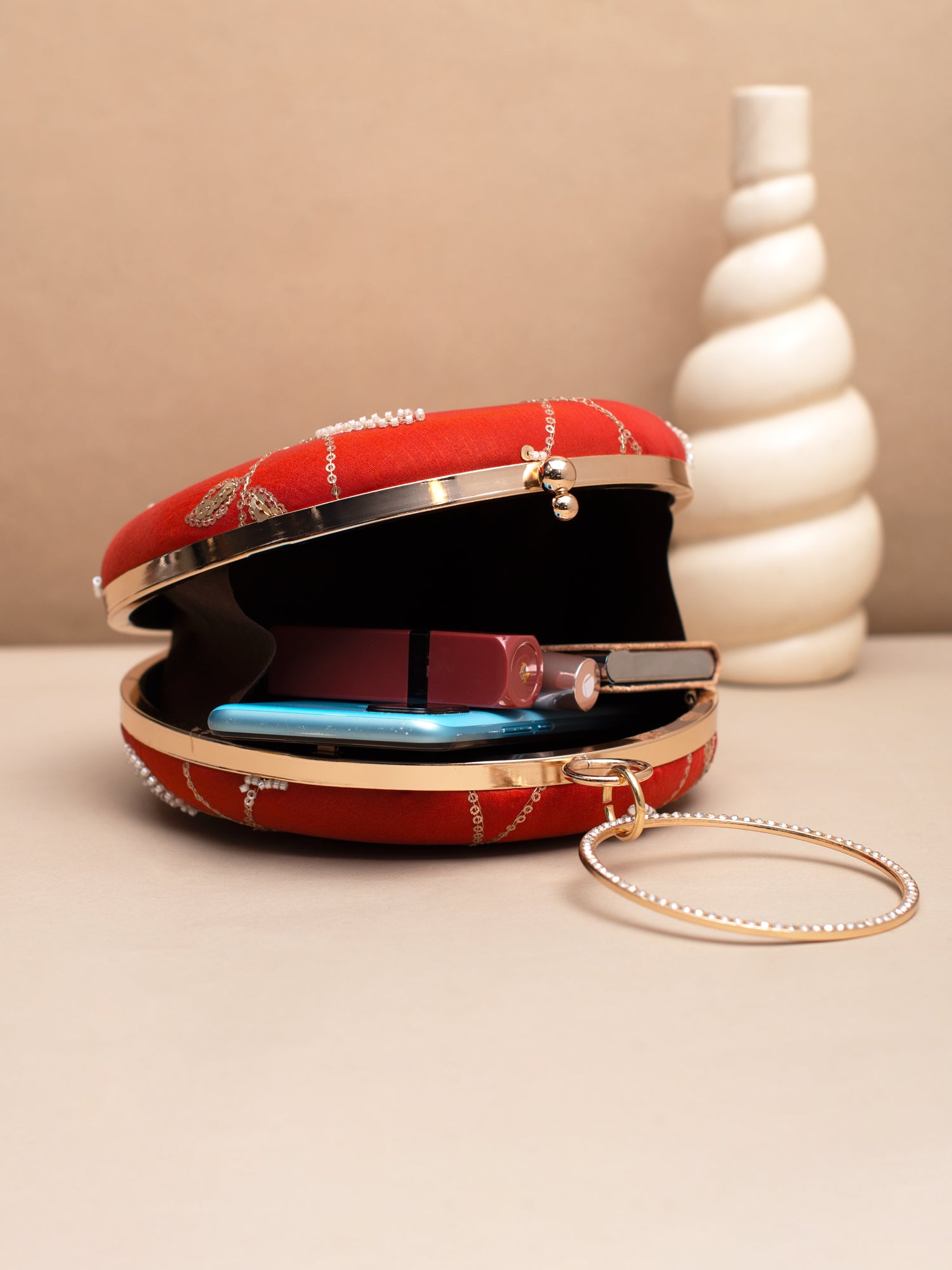Artklim Round Scarlet Clutch with Golden Embroidery