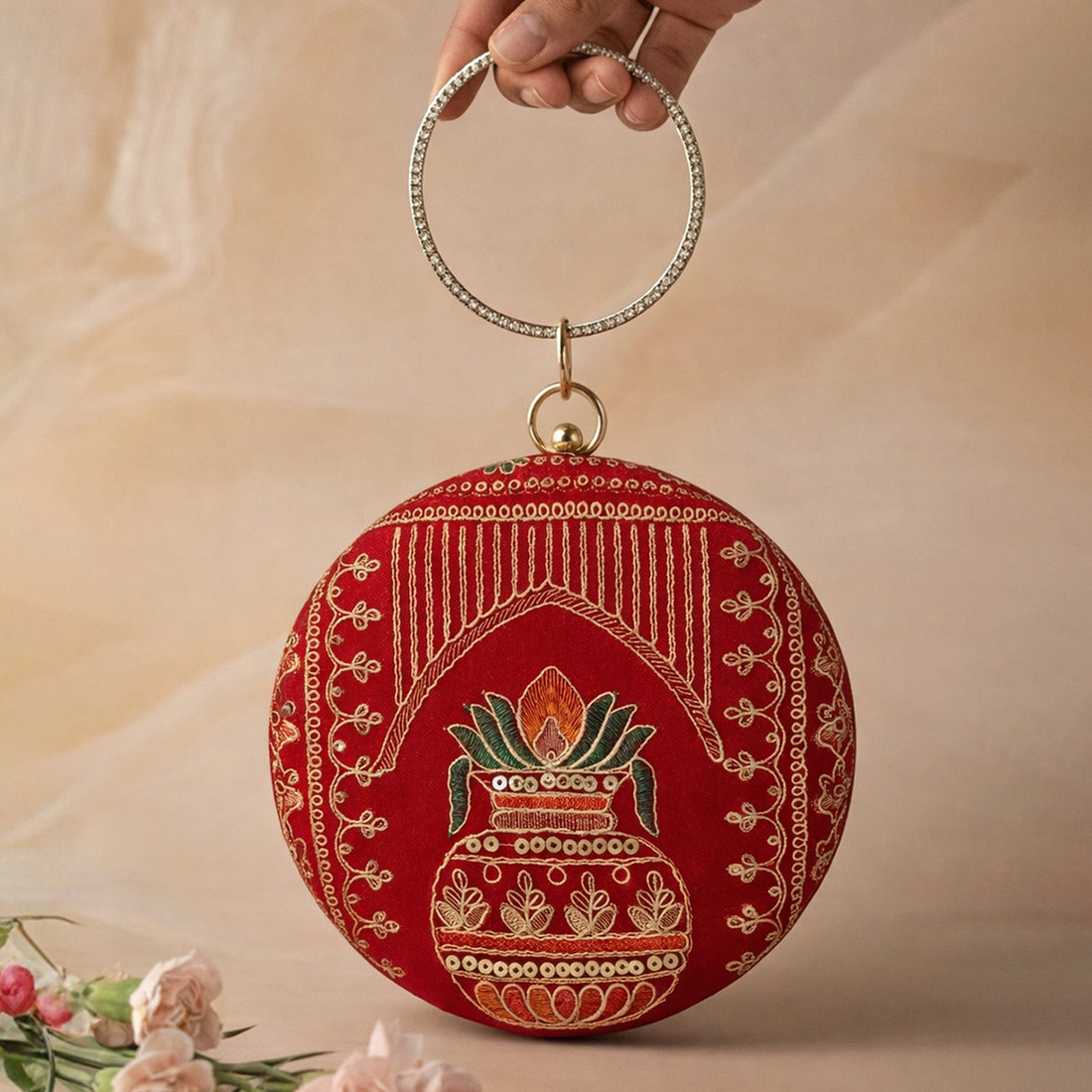 Artklim Royal Red Round Embroidered Clutch