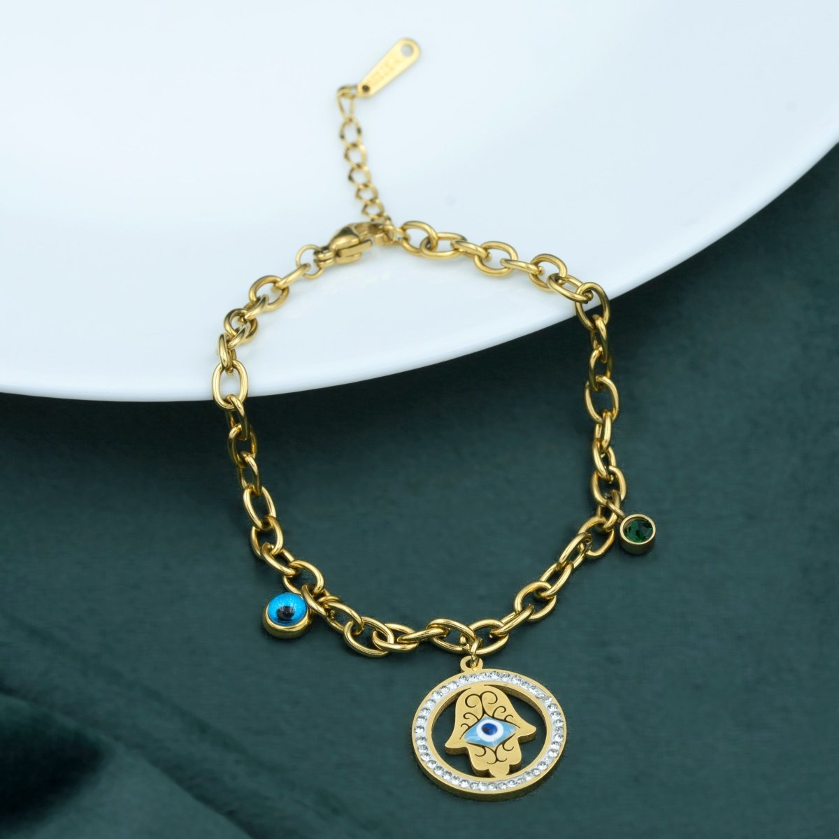 Artklim Gold Plated Round Hamsa Hand Evil Eye Charm Bracelet