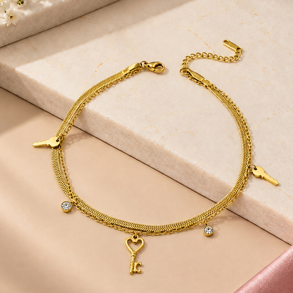 Artklim Double Layer Key Charm Crystal Anti-Tarnish Anklet