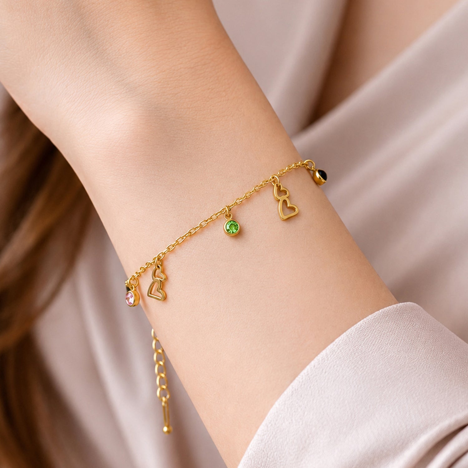 Artklim Colorful Heart Charm Crystal Anti-Tarnish Bracelet