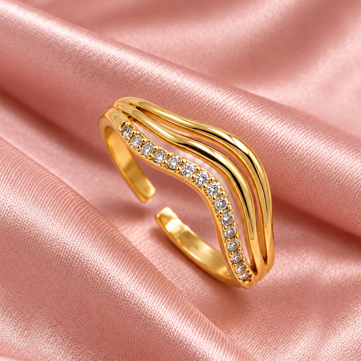 Artklim Modern Layered Wave Crystal Gold-Tone Anti-Tarnish Ring