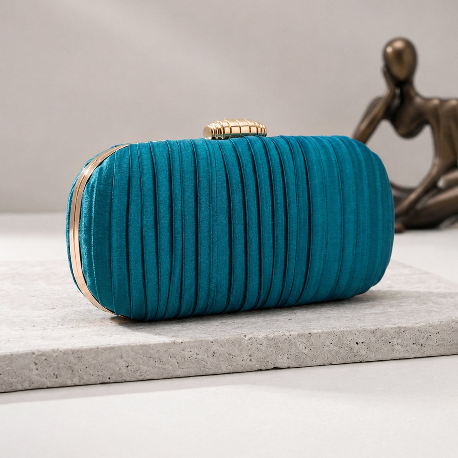 Artklim Turquoise Blue Pleated Embroidery Clutch