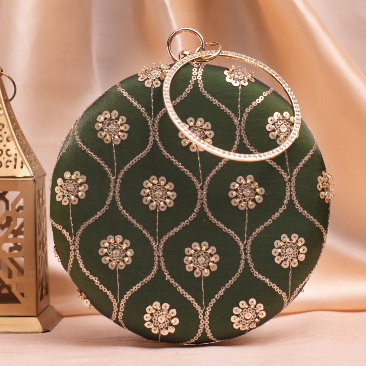 Artklim Olive Green Sequins Pattern Embroidery Clutch