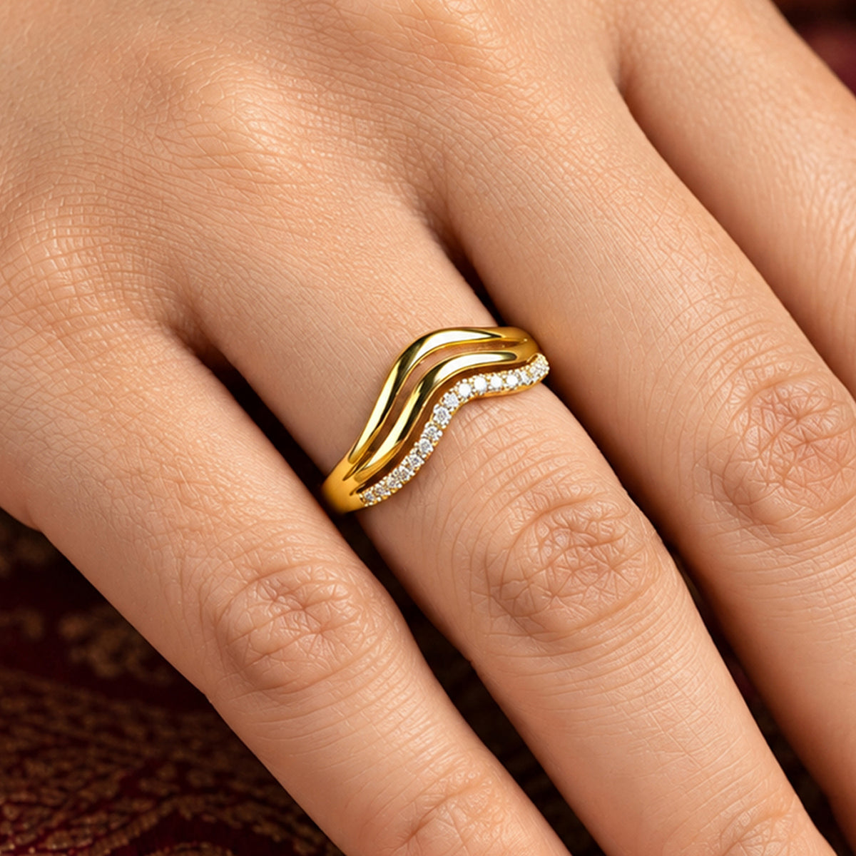 Artklim Modern Layered Wave Crystal Gold-Tone Anti-Tarnish Ring