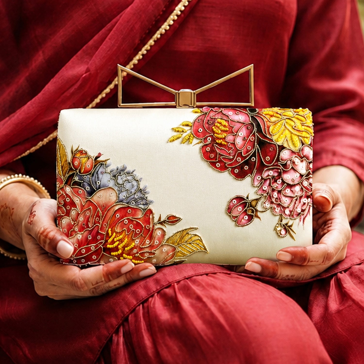 Artklim Printed Ivory Multicolor Floral Designer Clutch with Hand Embroidery