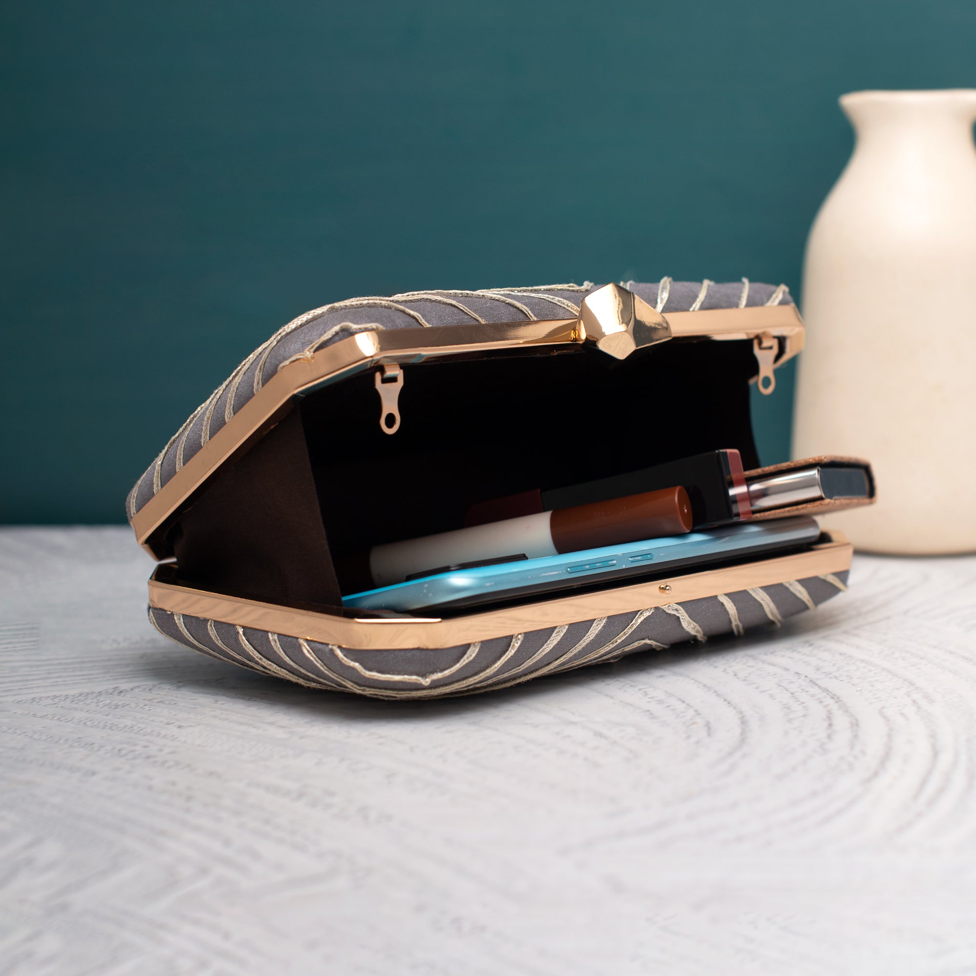Artklim Gota Patti Grey Chevron Glam Clutch