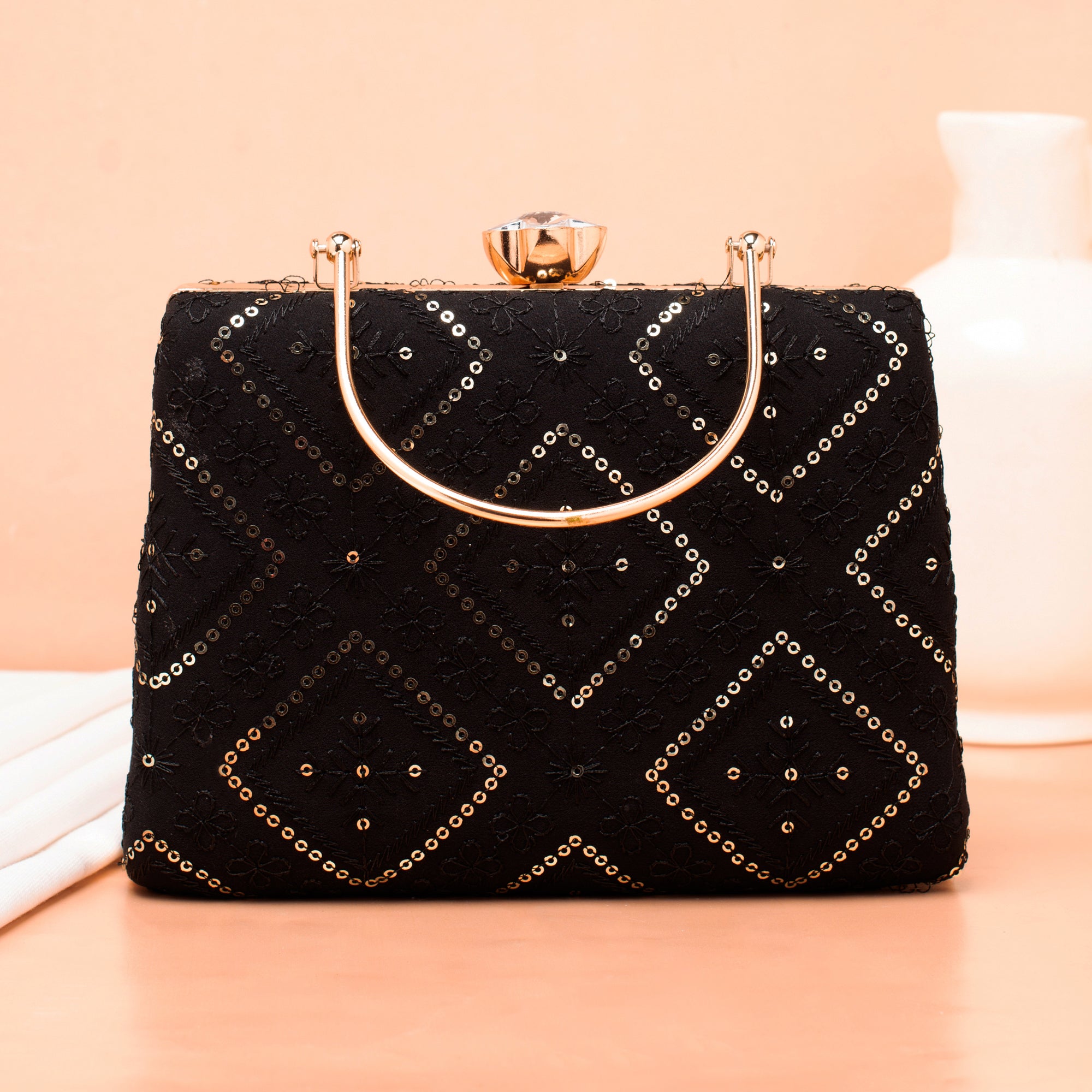 Artklim Black Based Sequins Embroidery Ethnic Clutch