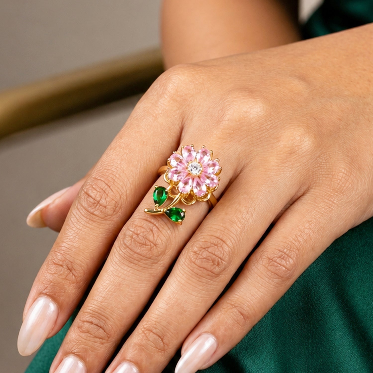 Artklim Pink Blossom Revolving Crystal Flower Adjustable Anti-Tarnish Copper Ring