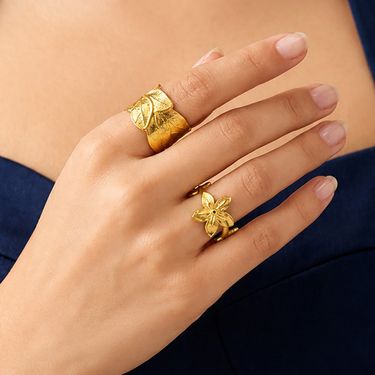 Artklim Golden Leaf & Floral Pair Ring Set Adjustable Anti-Tarnish Ring