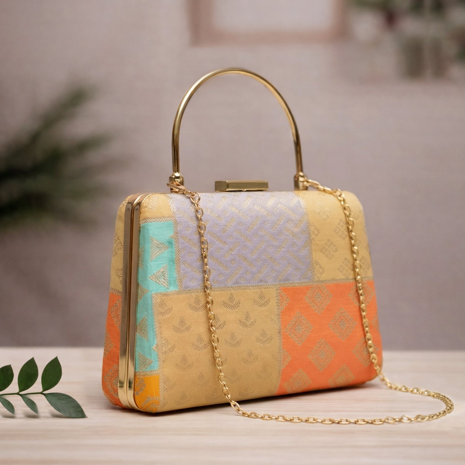 Multipattern Yellow Brocade Party Clutch