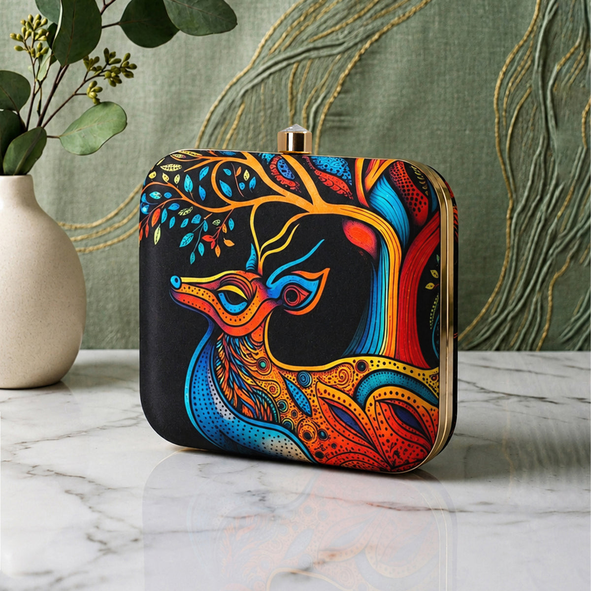 Artklim Peacock Feather Printed Designer Chain Clutch