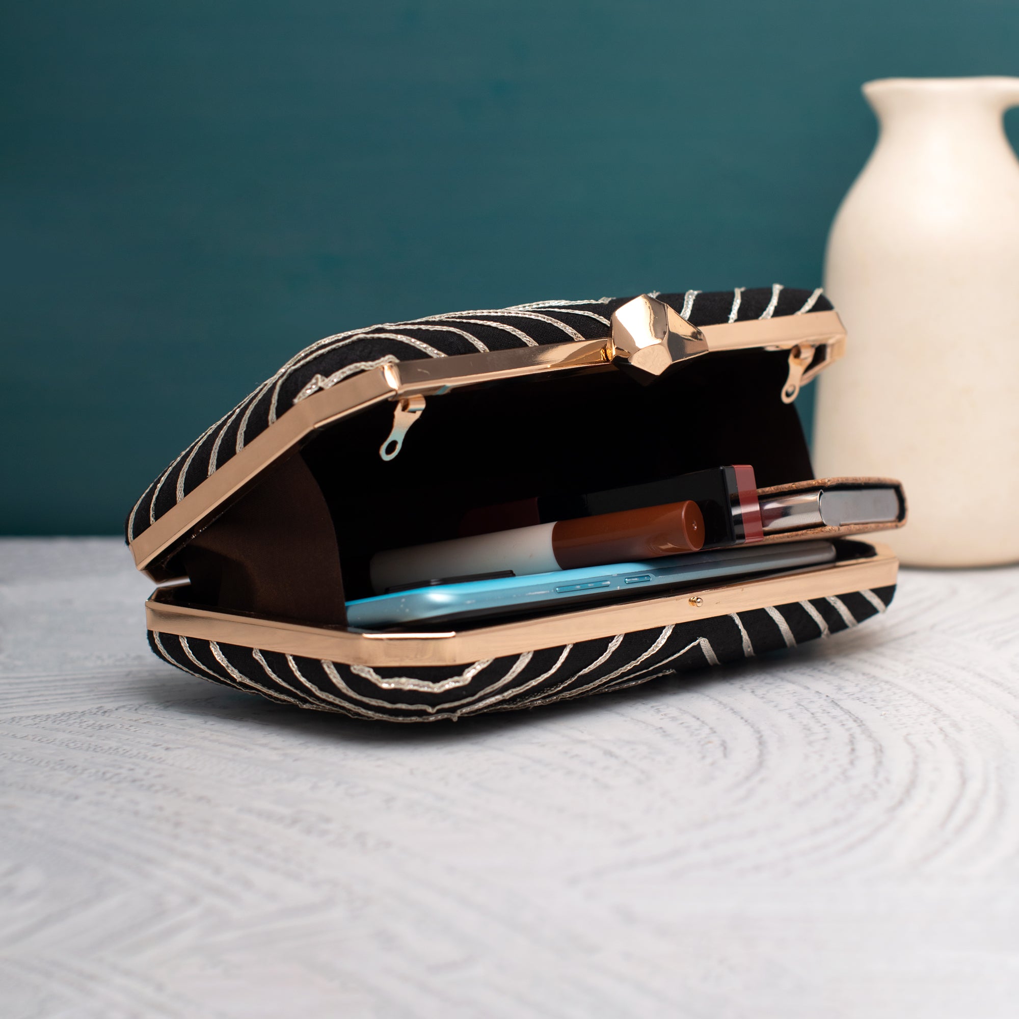 Artklim Black Gota Patti Velvet Lines Clutch