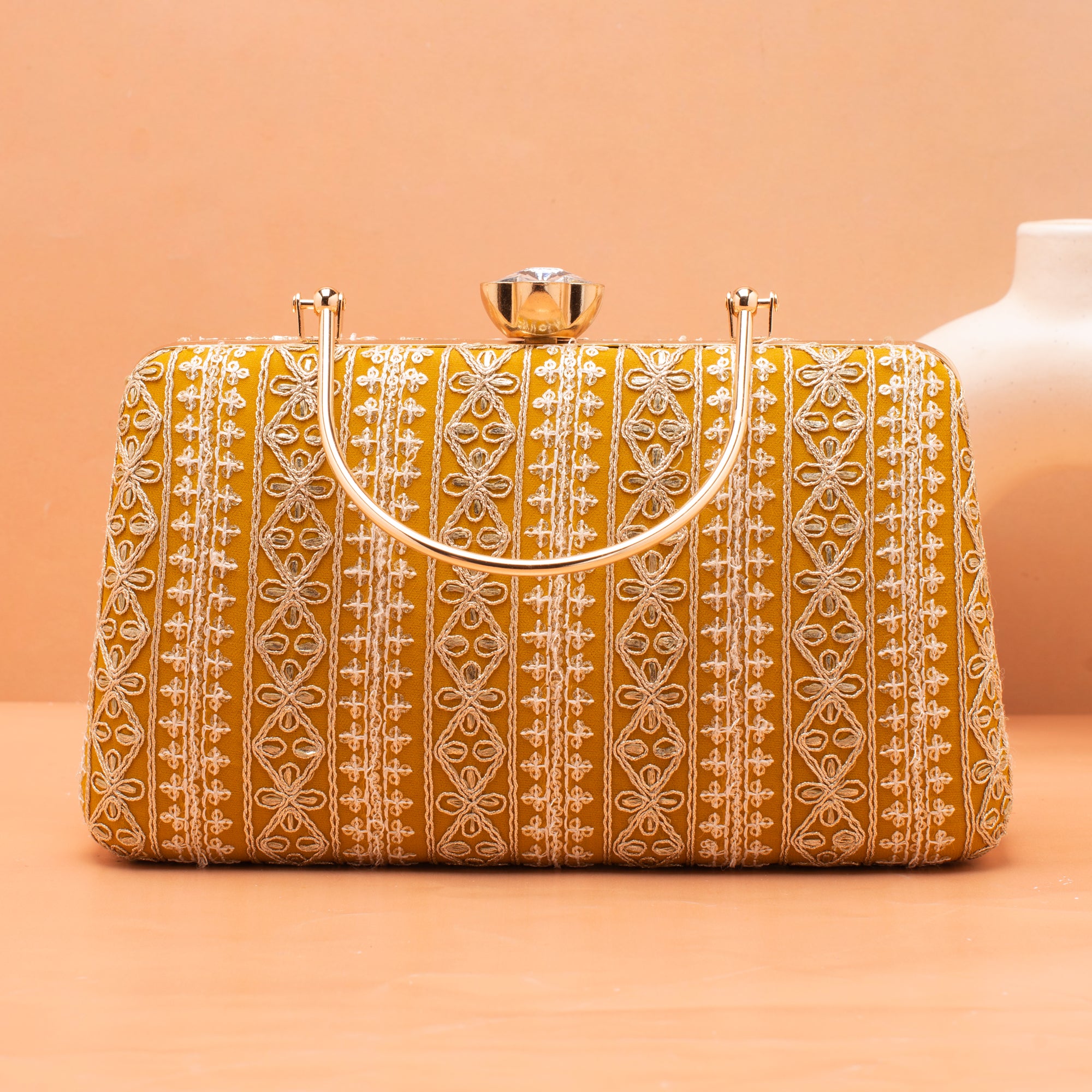 Artklim Mustard Yellow Based White And Golden Threadwork Embroidery Clutch