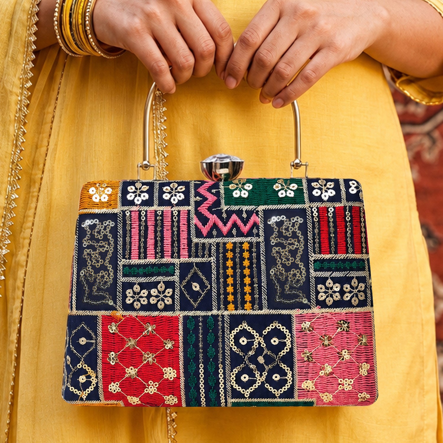 Artklim Multicolor Tribal Patchwork Ethnic Embroidery Clutch