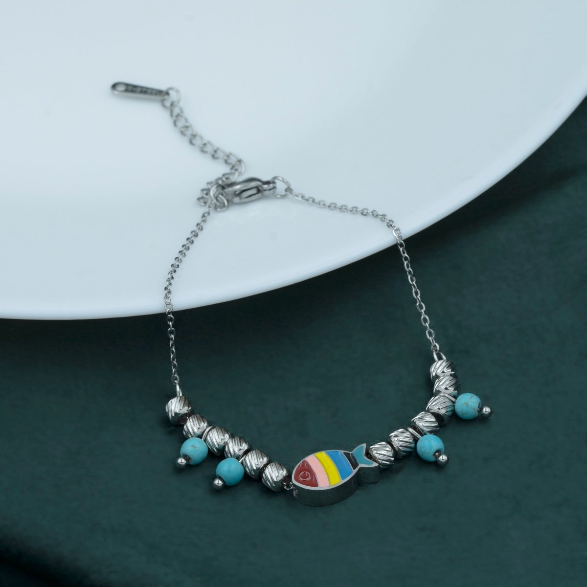 Artklim Silver Plated Multicolored Fish And Blue Beads Bracelet