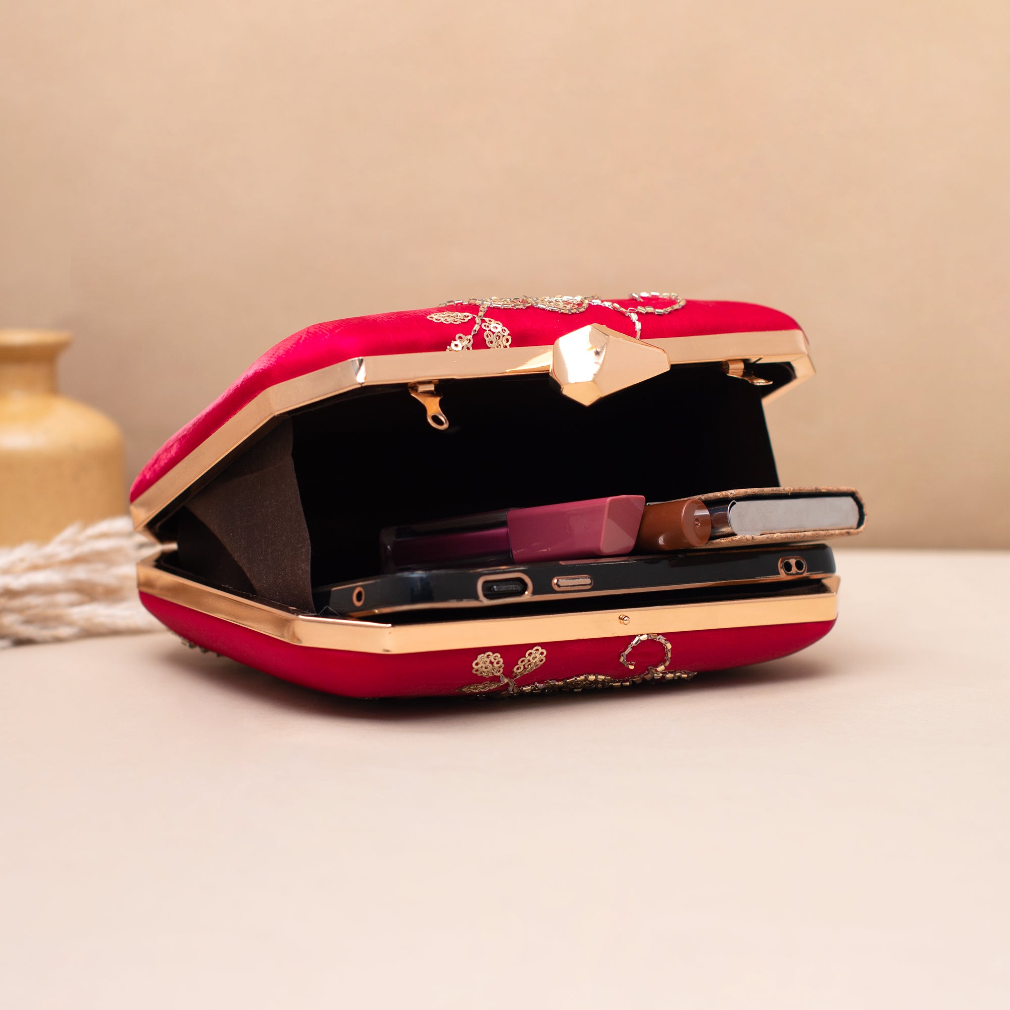 Artklim Luxury Red Gold Thread Embroidered Clutch