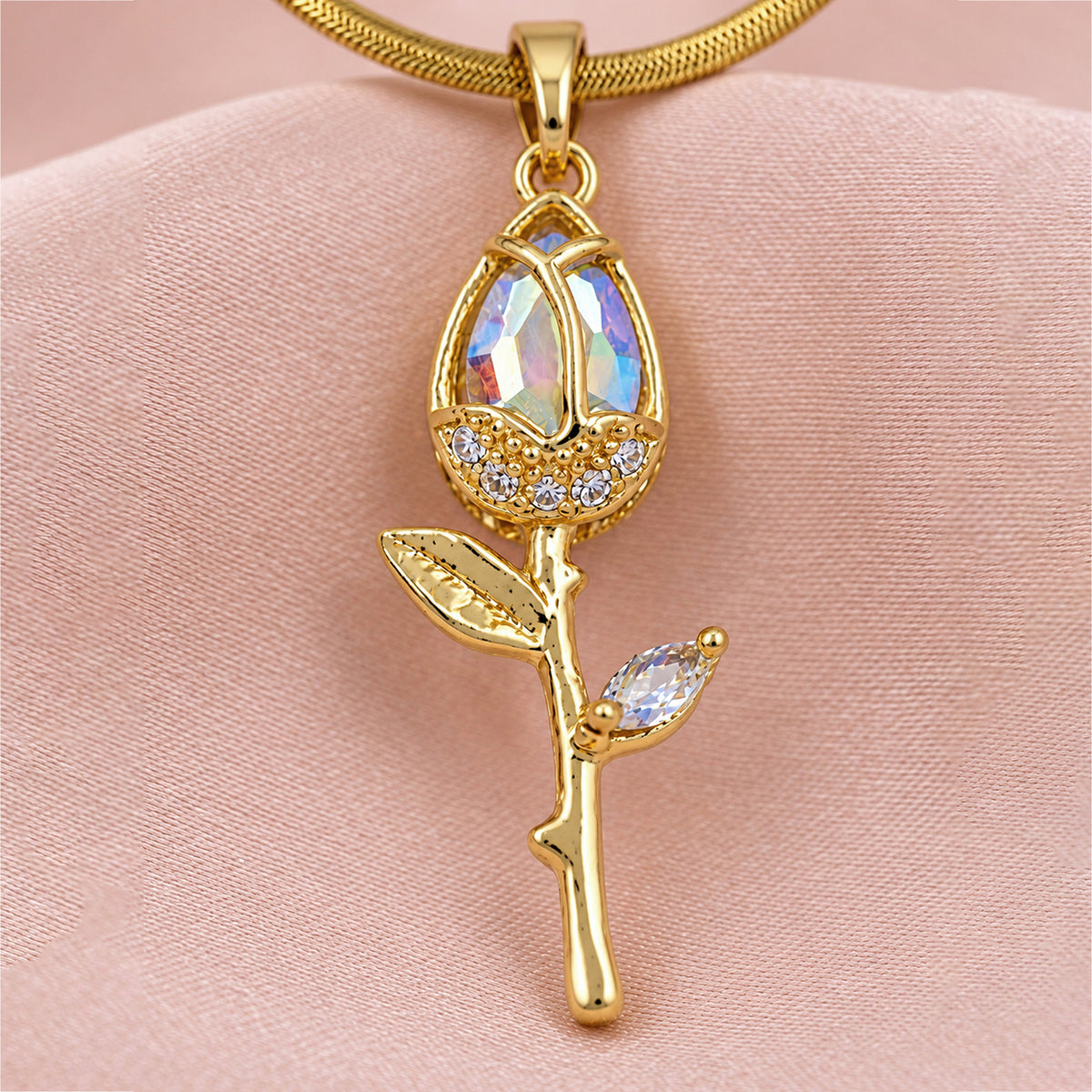 Artklim Elegant Floral Crystal Rose Gold Anti-Tarnish Pendant Necklace