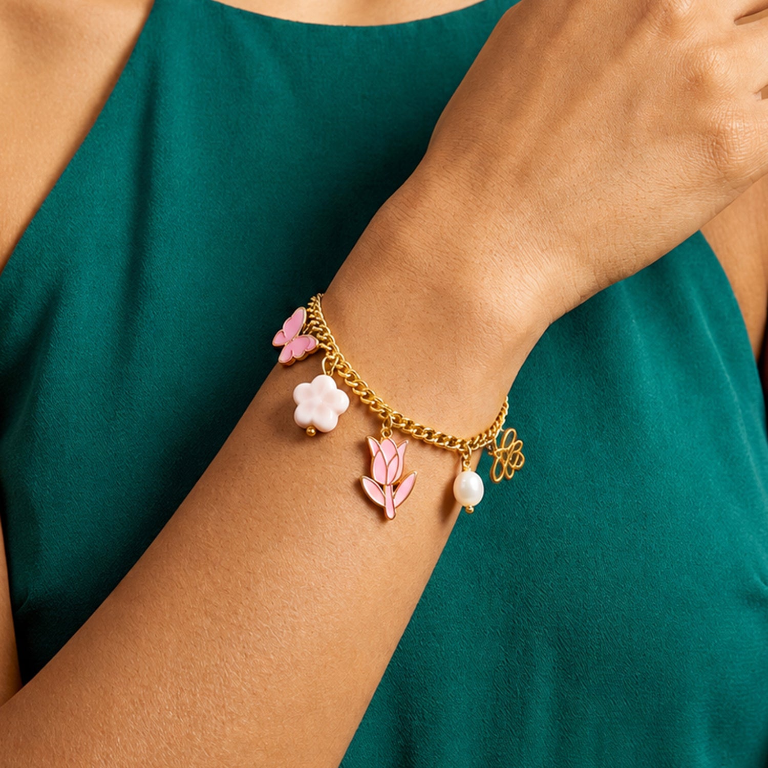 Artklim Pink Butterfly Bloom Charm Gold-Tone Anti-Tarnish Bracelet