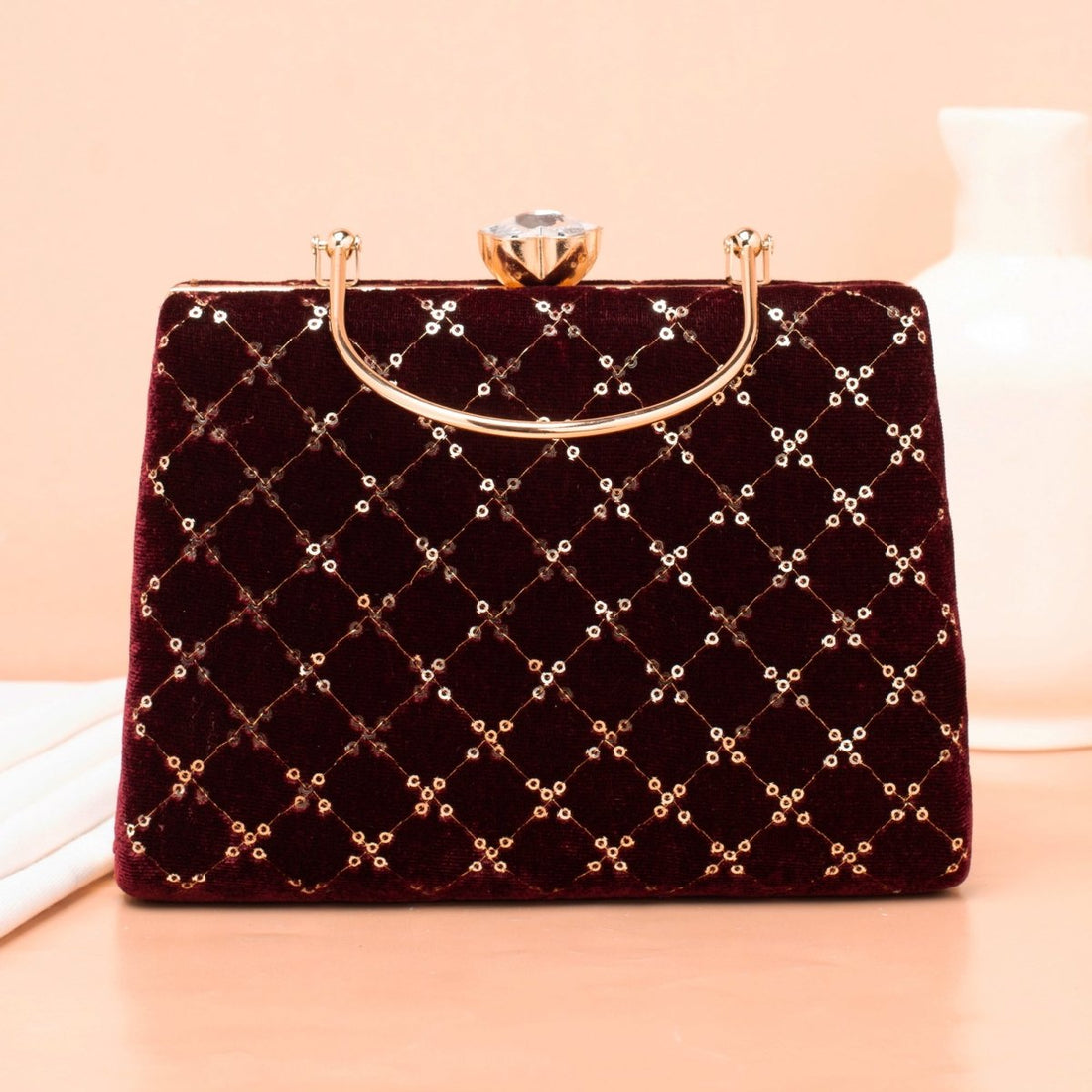 Artklim Brown Base Sequins Embroidery Ethnic Clutch