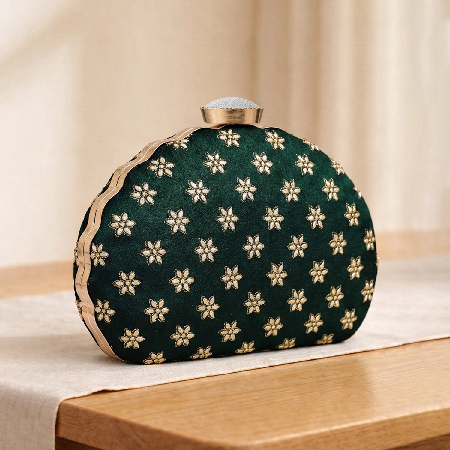 Artklim Green Based Golden Floral Embroidery Clutch