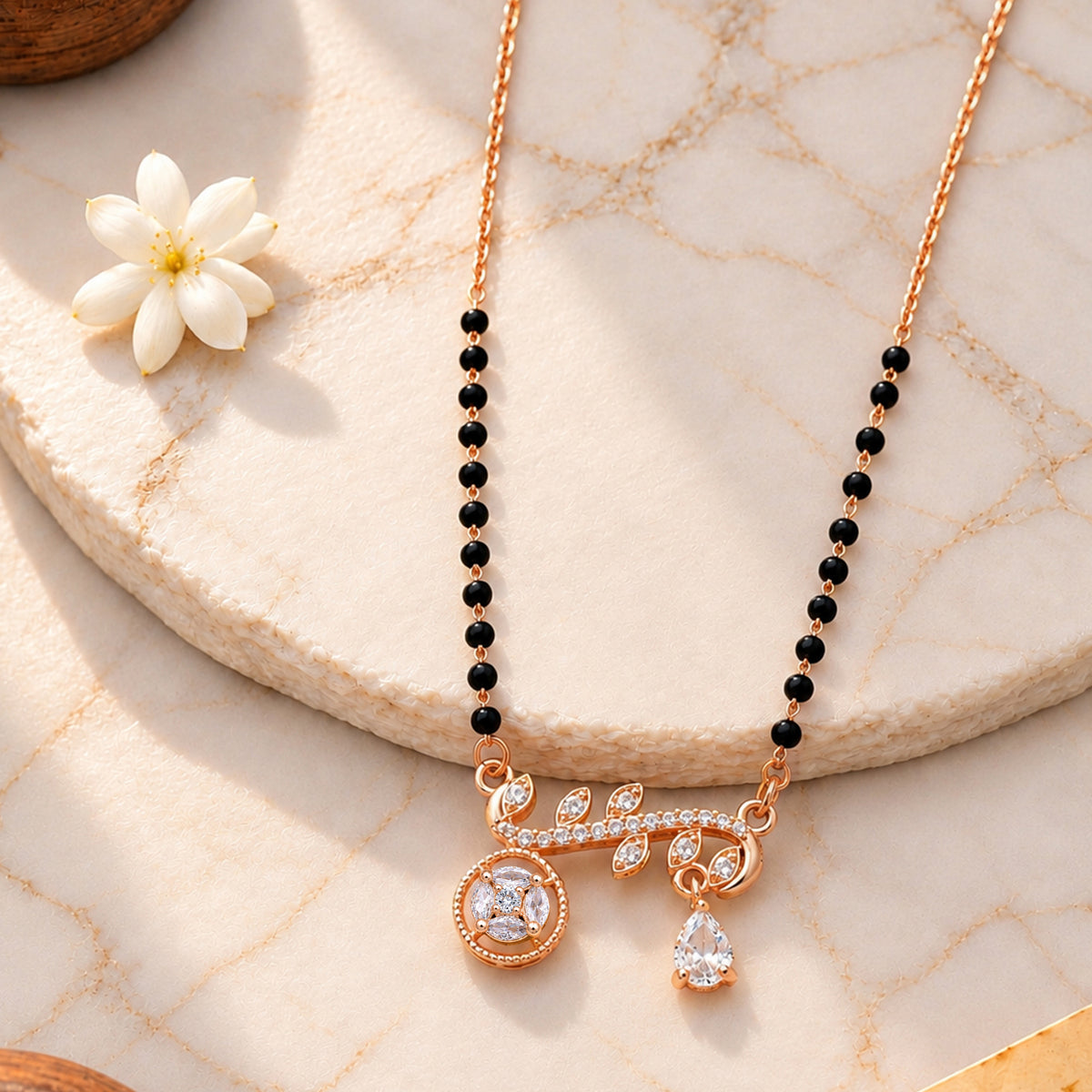 Artklim Elegant Rose Gold-Plated Leaf Design Mangalsutra with Black Beads for Women