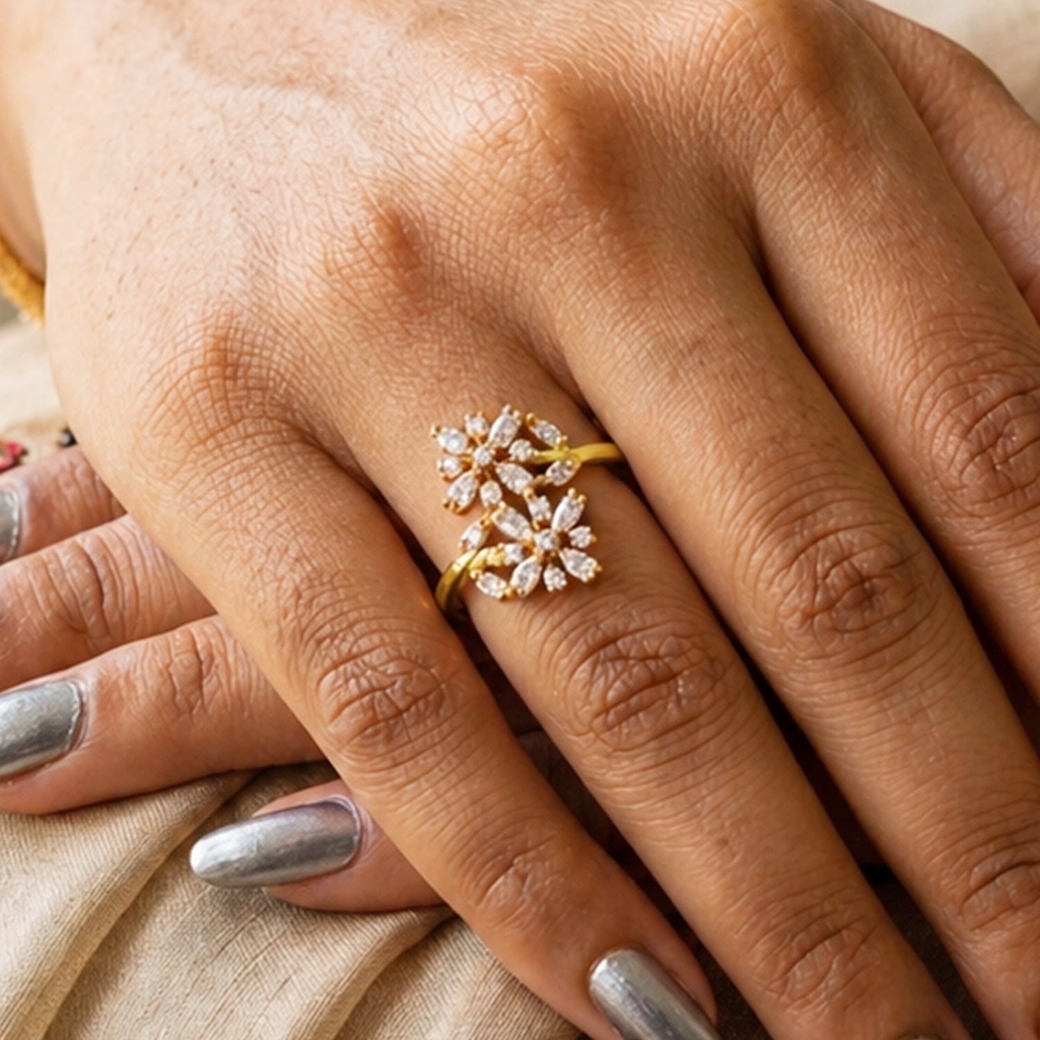 Artklim Floral Cluster Gold Adjustable Anti-Tarnish Ring