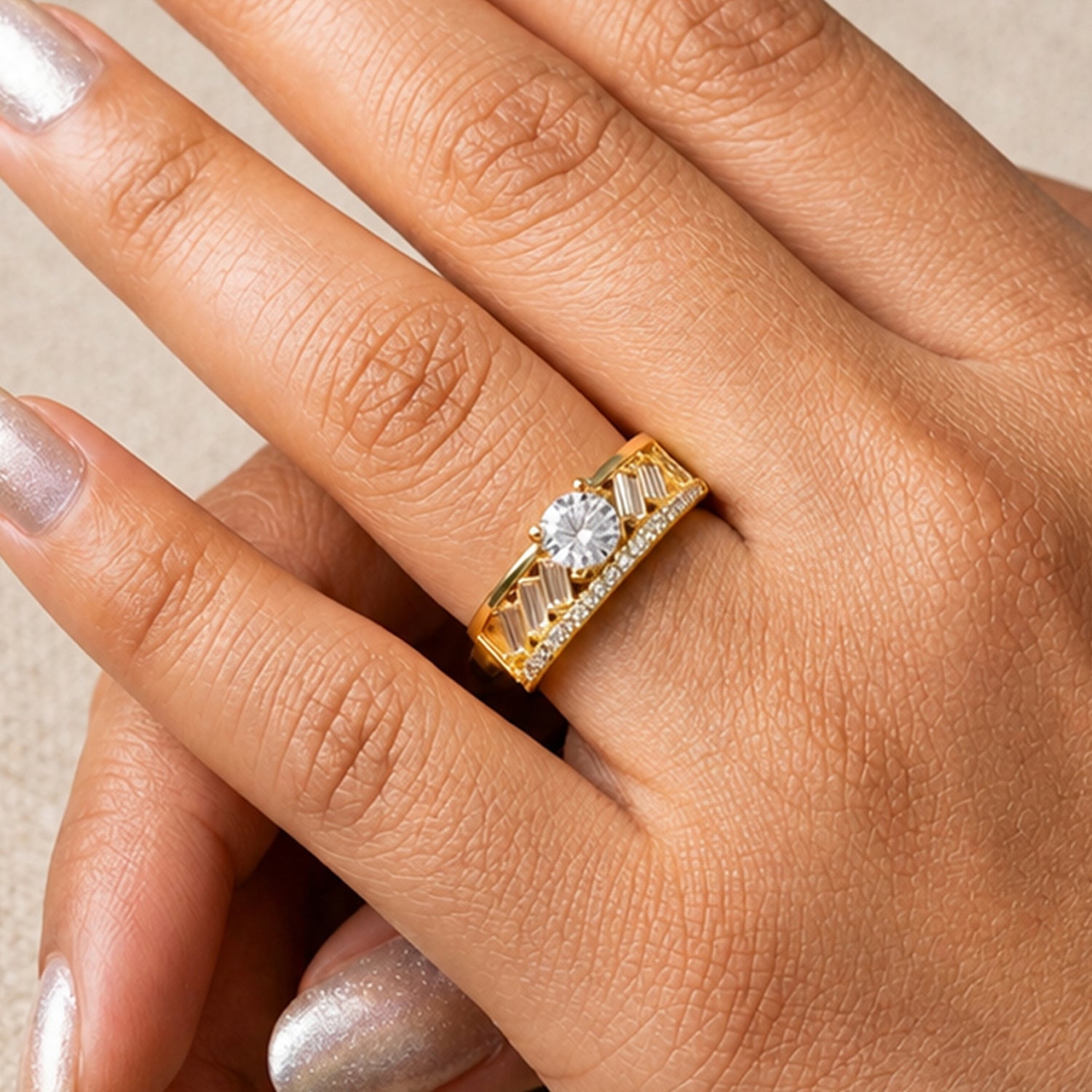 Artklim Premium Solitaire Baguette Accent Anti-Tarnish Ring