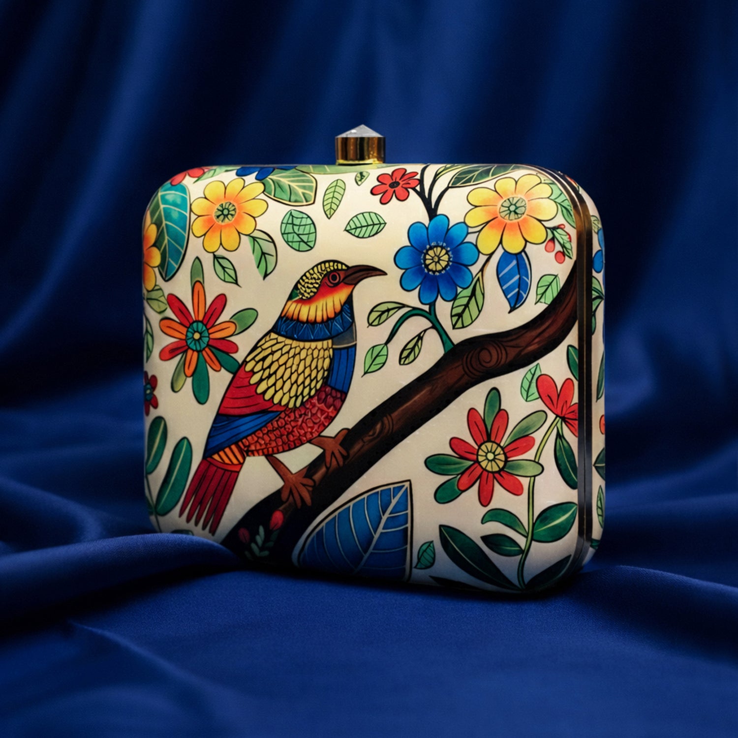 Beige Flower And Bird Printed Clutch
