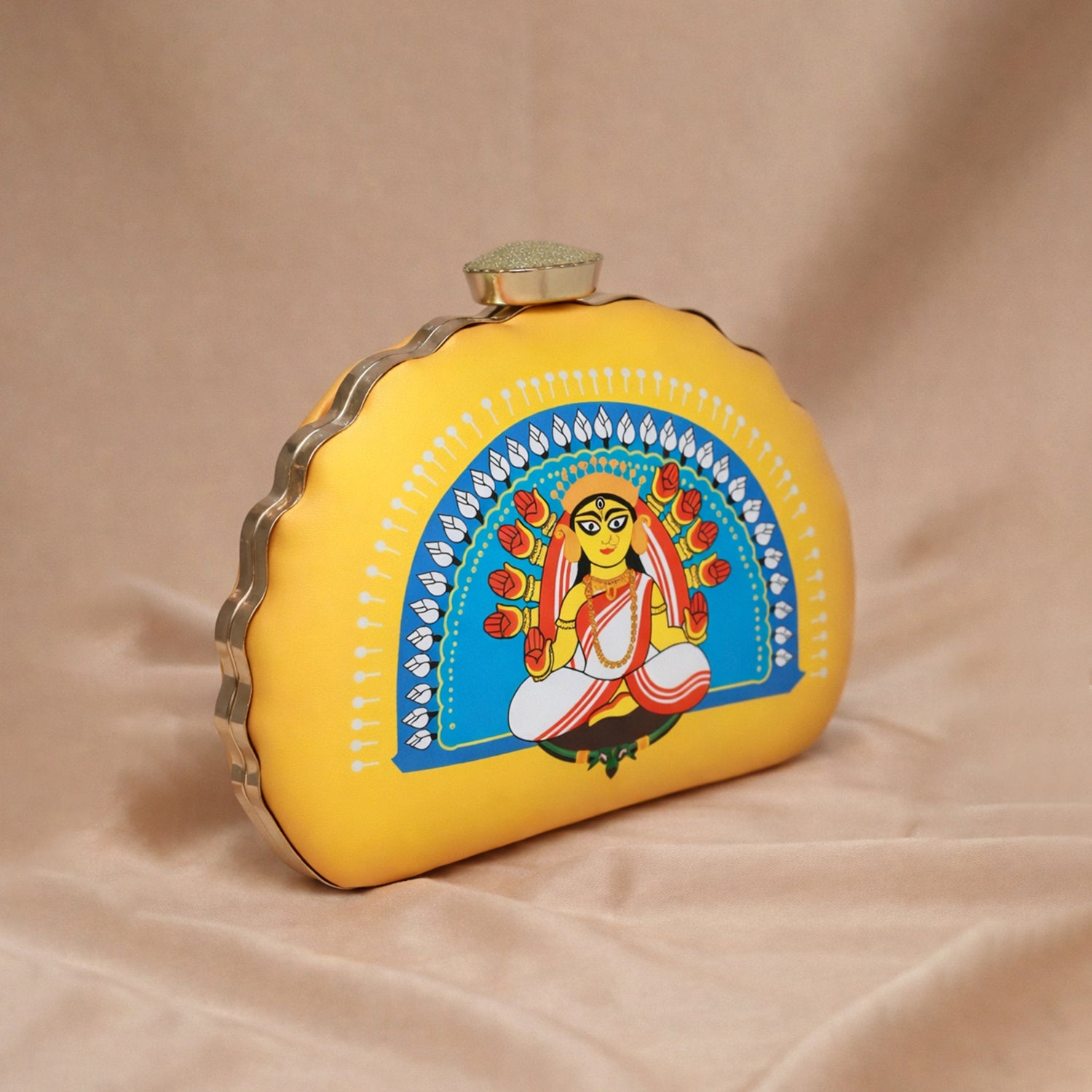 Artklim Yellow And Blue Durga Printed D-shape Clutch