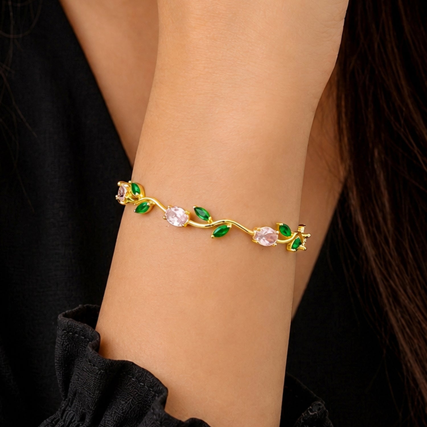 Artklim Floral Vine Green Crystal Gold Anti-Tarnish Bracelet