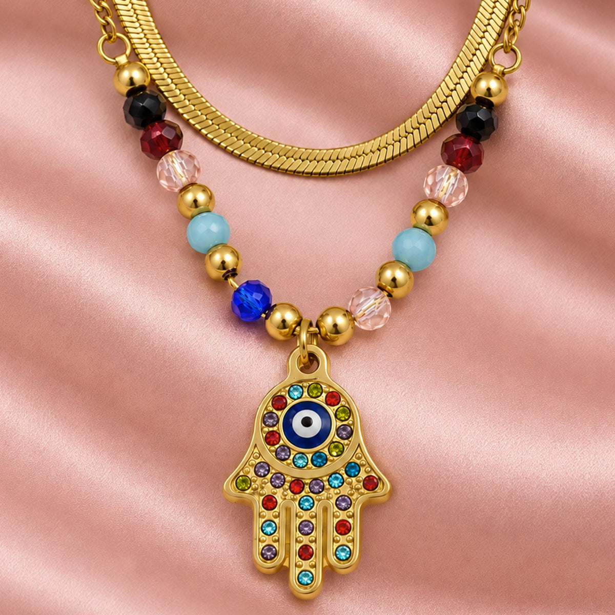 Artklim Multicolor Hamsa Hand Evil Eye Beaded Layered Anti-Tarnish Pendant Necklace