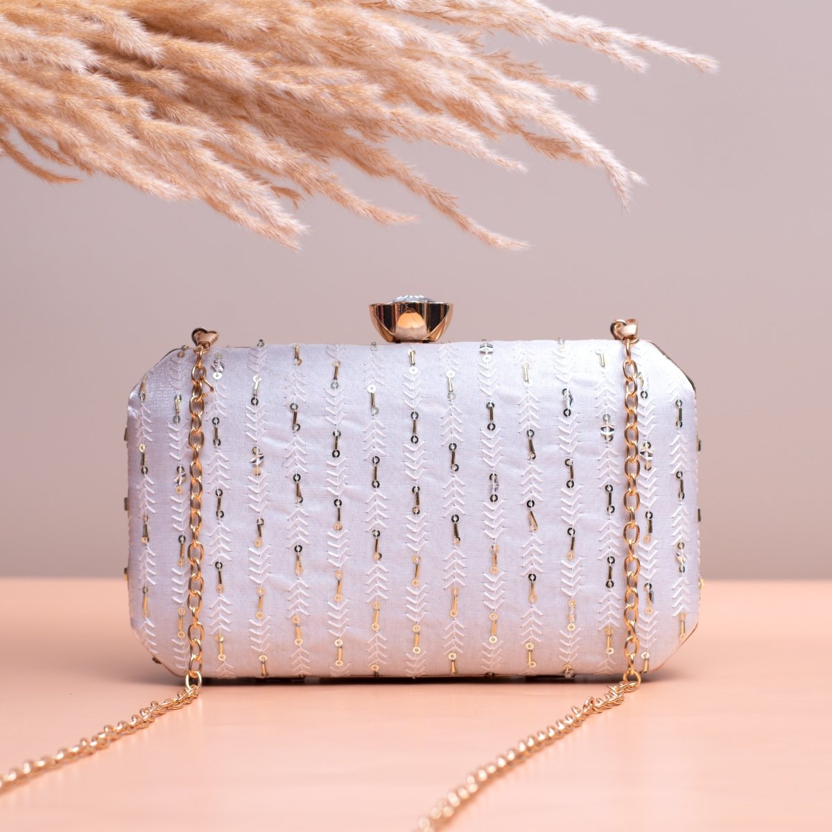 White Thread Embroidery Fabric Clutch