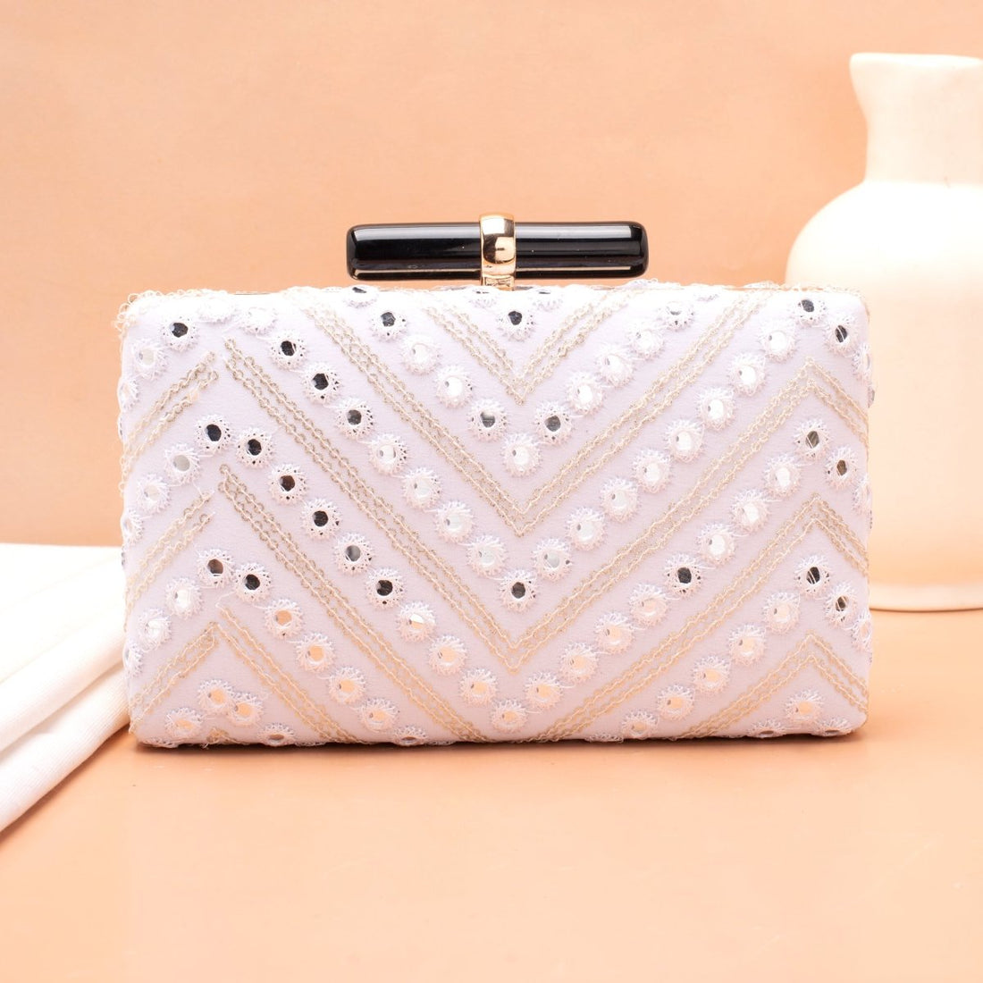 Artklim White Base Sequins Embroidery Clutch