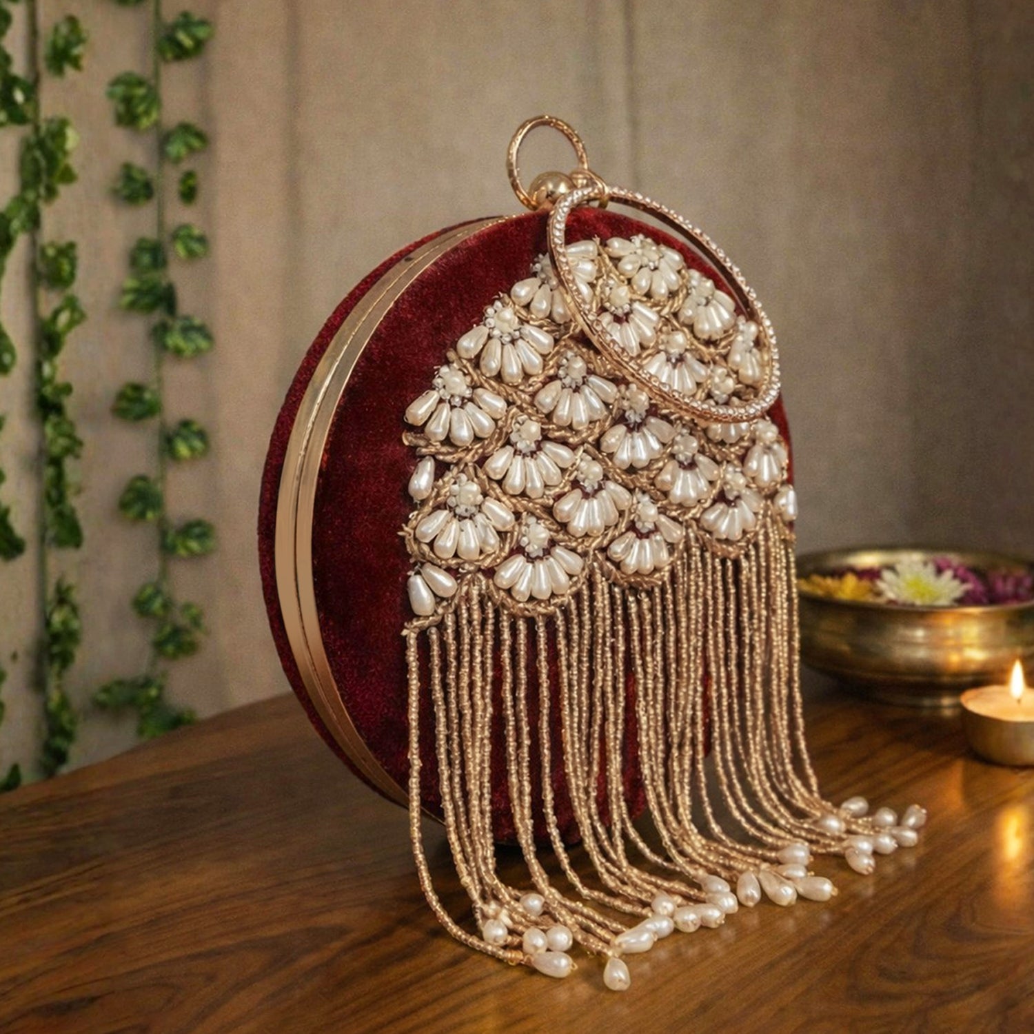 Artklim Elegant Floral Pearl Handcrafted Embroidered Round Clutch