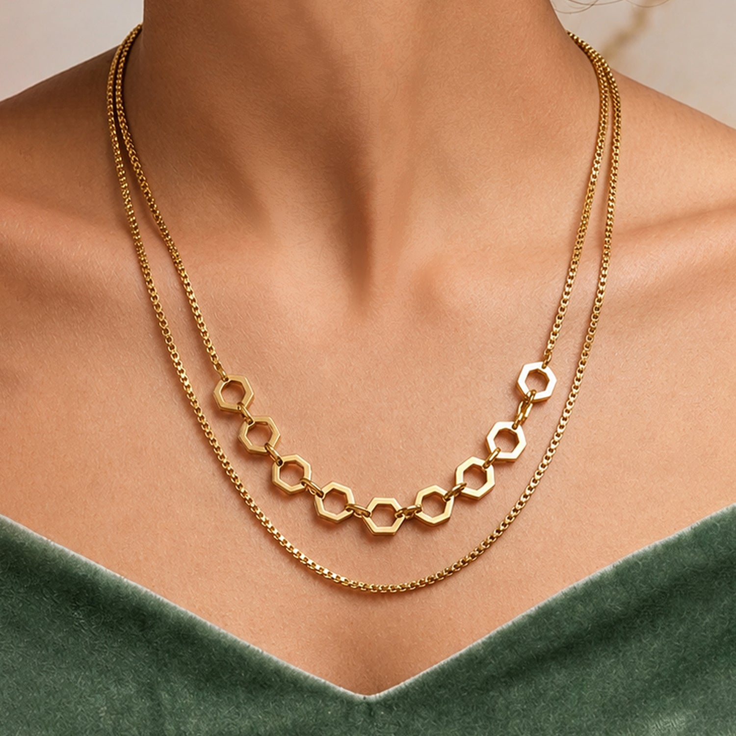 Artklim Geometric Hexagon Double Layer  Anti-tarnish Necklace