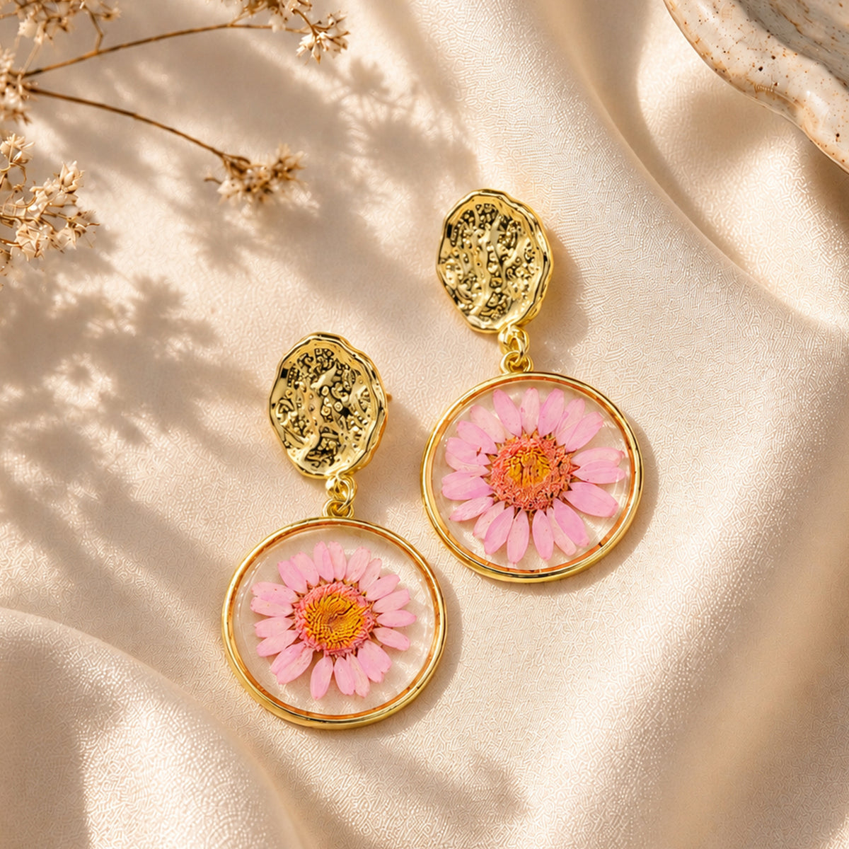 Artklim Elegant Pink Floral Gold-Tone Anti-Tarnish Earring