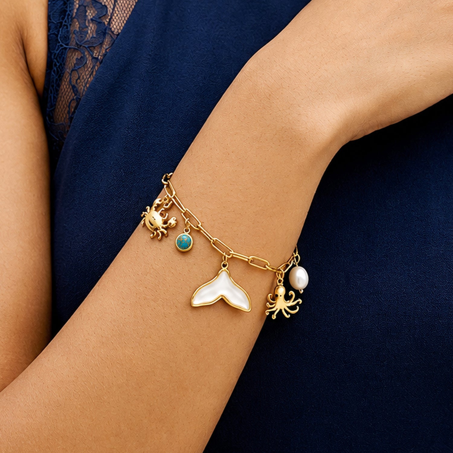 Artklim Ocean Charm Whale Tail Pearl Gold-Tone Anti-Tarnish Bracelet