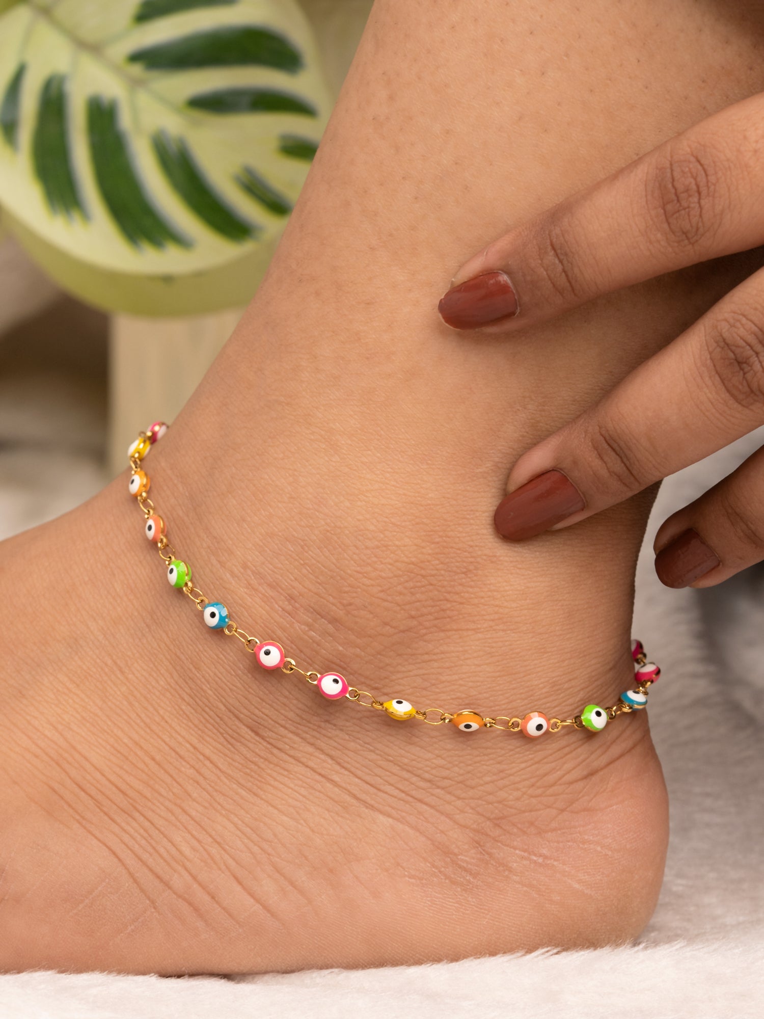 Artklim Gold Plated Multicolor Evil Eye Beads Anti Tarnish Anklet