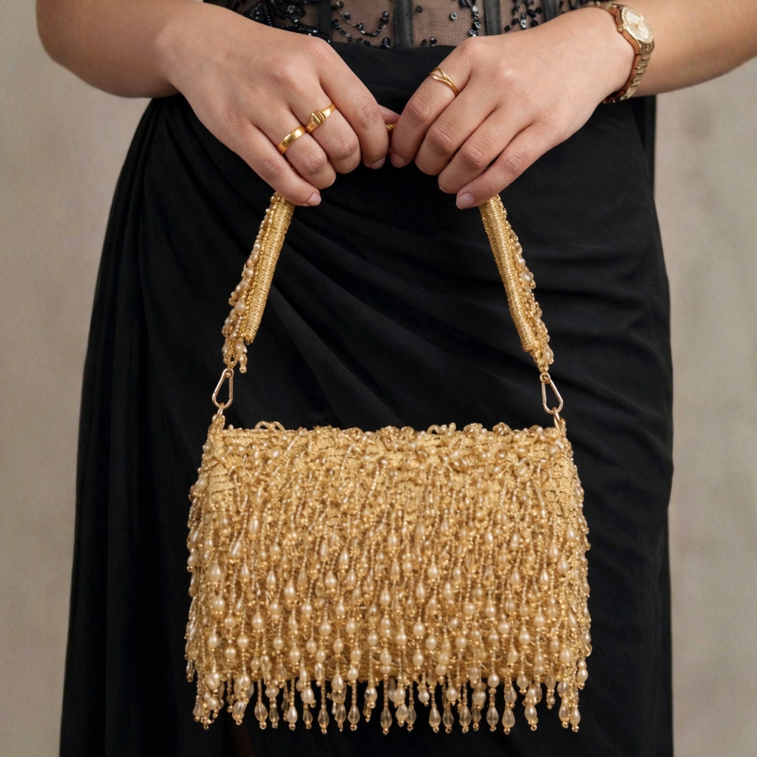 Artklim Golden Beaded Fringe Clutch