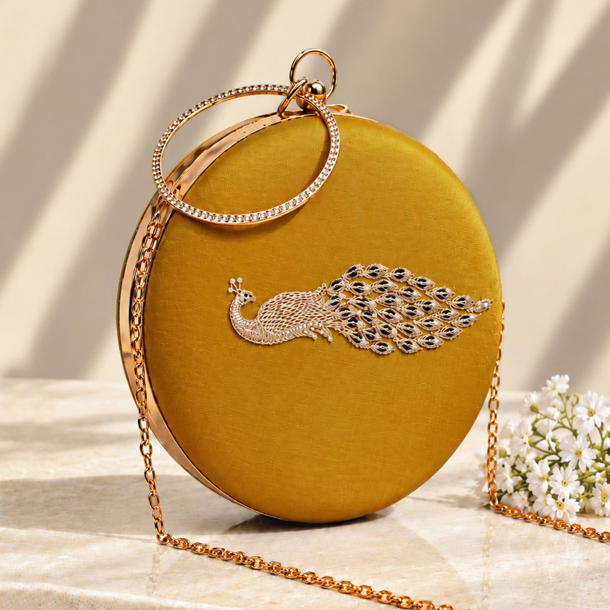 Artklim Luxury Mustard Yellow Embroidery Round Clutch Bag with Intricate Peacock Design