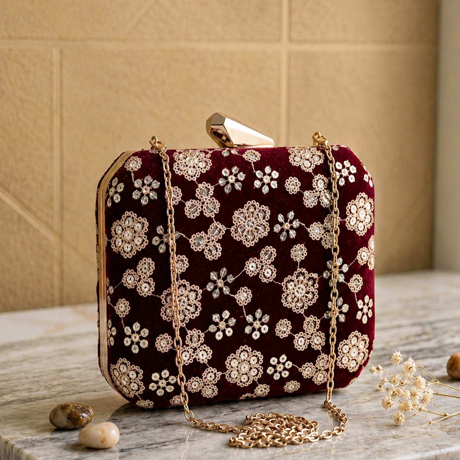 Artklim Maroon Velvet Gold Floral Designer Embroidery Clutch