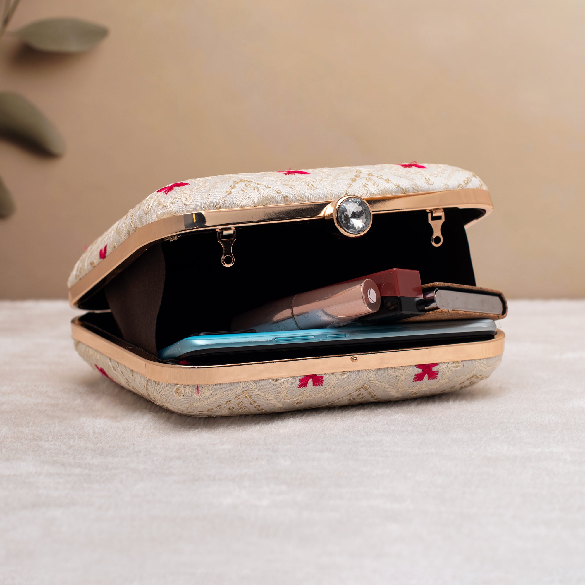 Artklim White with Pink Sequin Embroidery Clutch