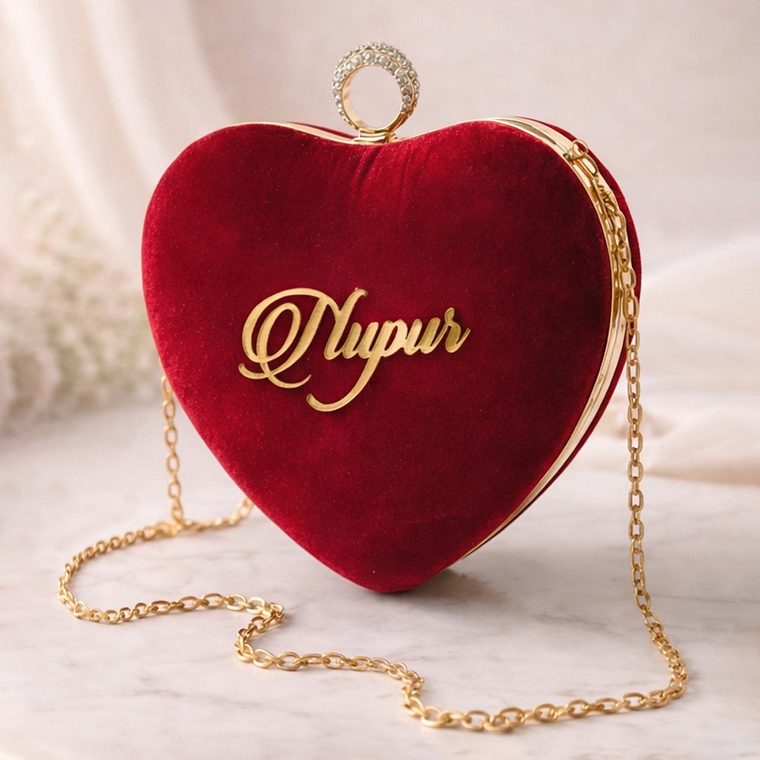 Artklim Red Heart-Shaped Velvet Name Customized Clutch