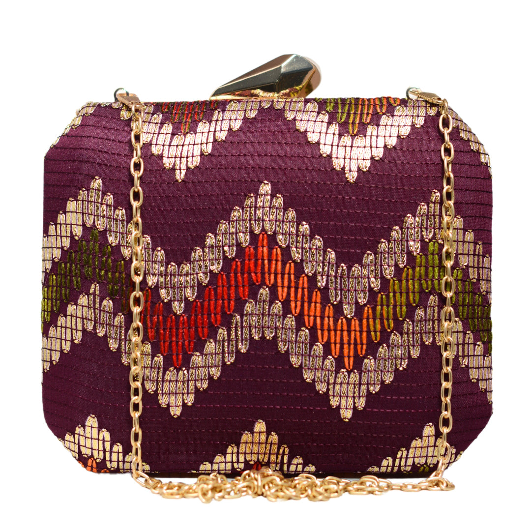 Wine Multicolour Zigzag Embroidery Clutch