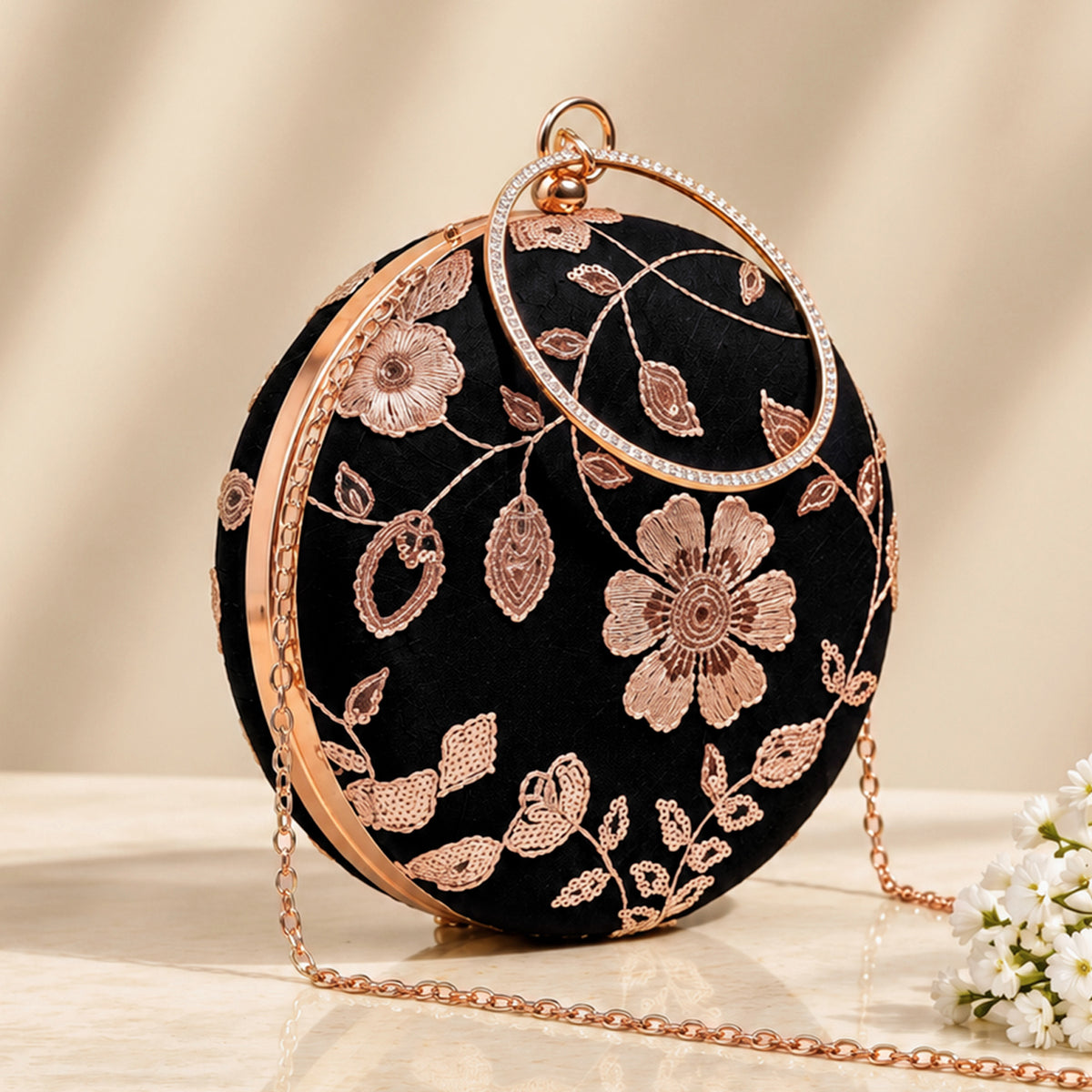 Artklim Luxury Black Floral Embroidered Round Clutch Bag with Golden Crystal Ring Handle